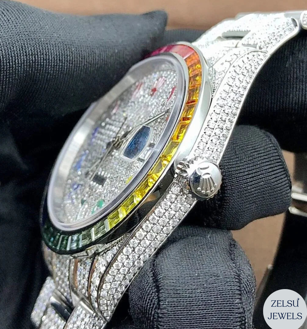 Sophisticated silver moissanite watch with a radiant rainbow dial and bezel, perfect for fashion-forward individuals.