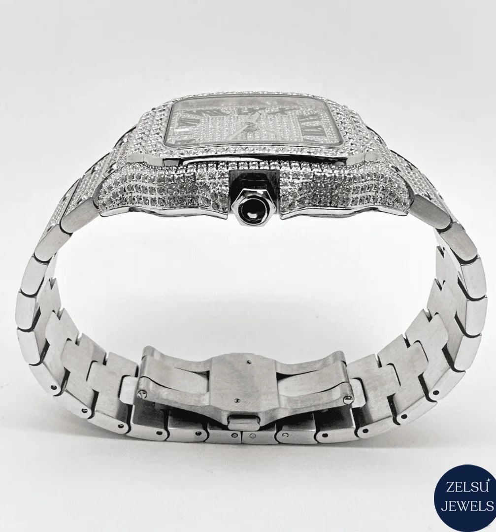 Bust-down Cartier watch with a striking blue dial, adorned with radiant diamonds for a sophisticated appearance.
