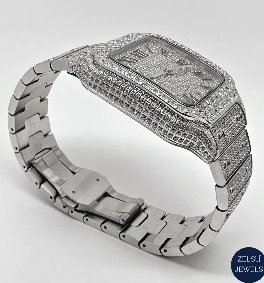 Elegant Cartier bust-down watch, featuring a blue dial and diamond-encrusted design for a luxurious look.