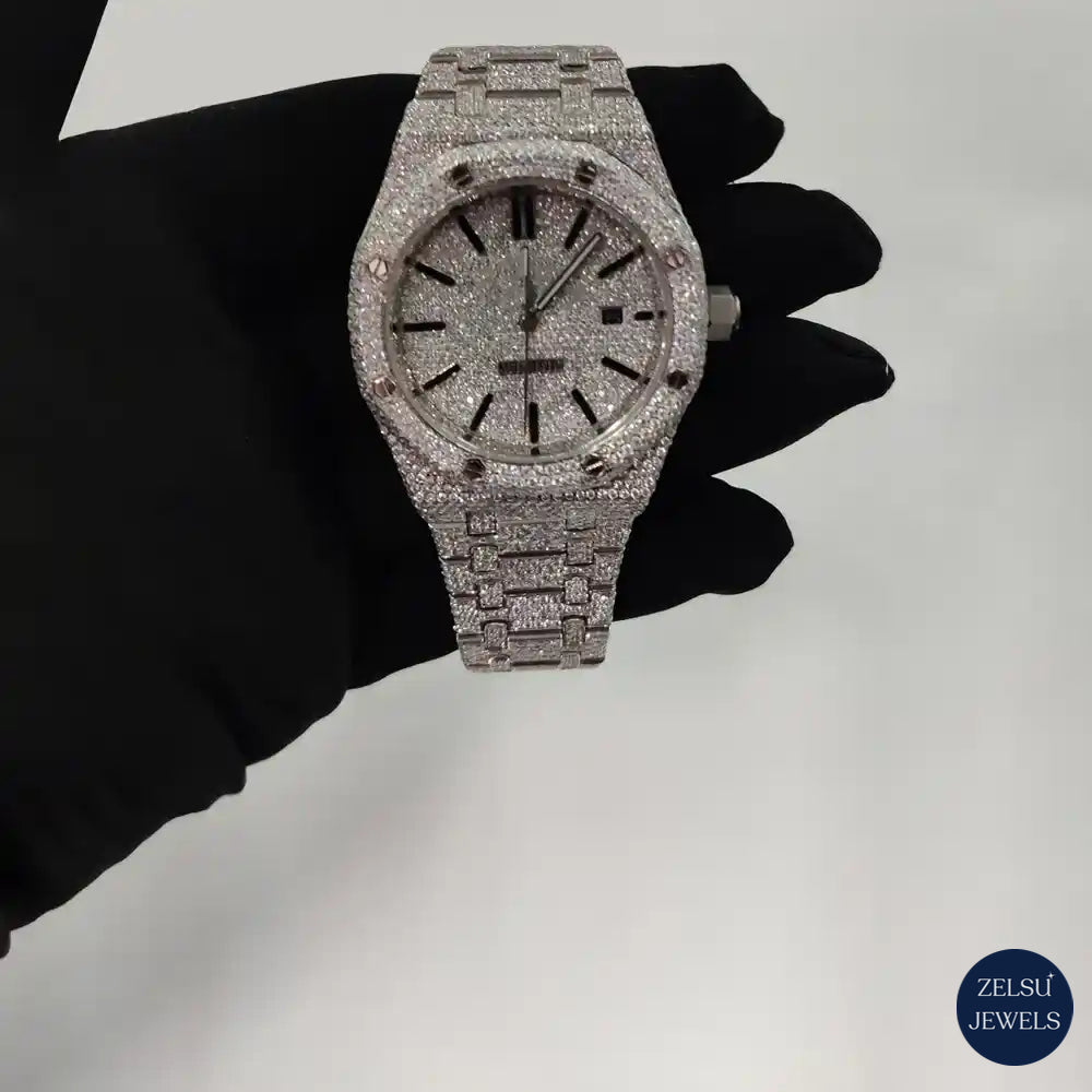 Gleaming silver diamond watch with dazzling diamonds and timeless, elegant design.