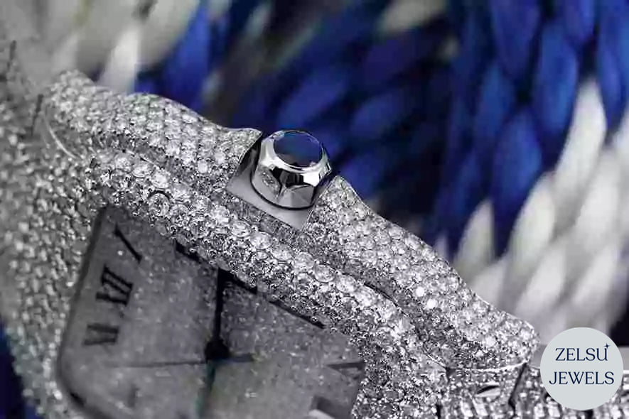 Sophisticated Cartier bust-down watch with a vibrant blue dial, enhanced with brilliant diamonds for ultimate luxury.