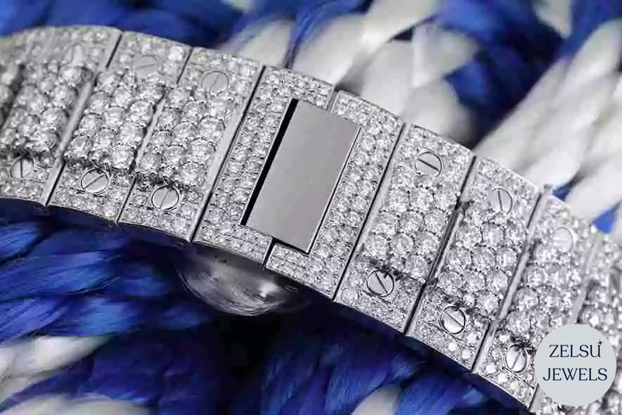 Luxury Cartier bust-down watch with a striking blue dial and diamond-encrusted design, offering bold sophistication.