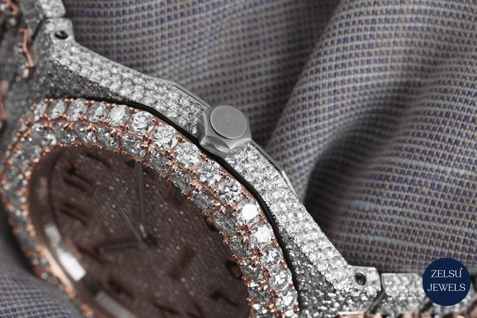 Bust-down Roman dial watch with exquisite diamond detailing, perfect for collectors and fashion-forward individuals.