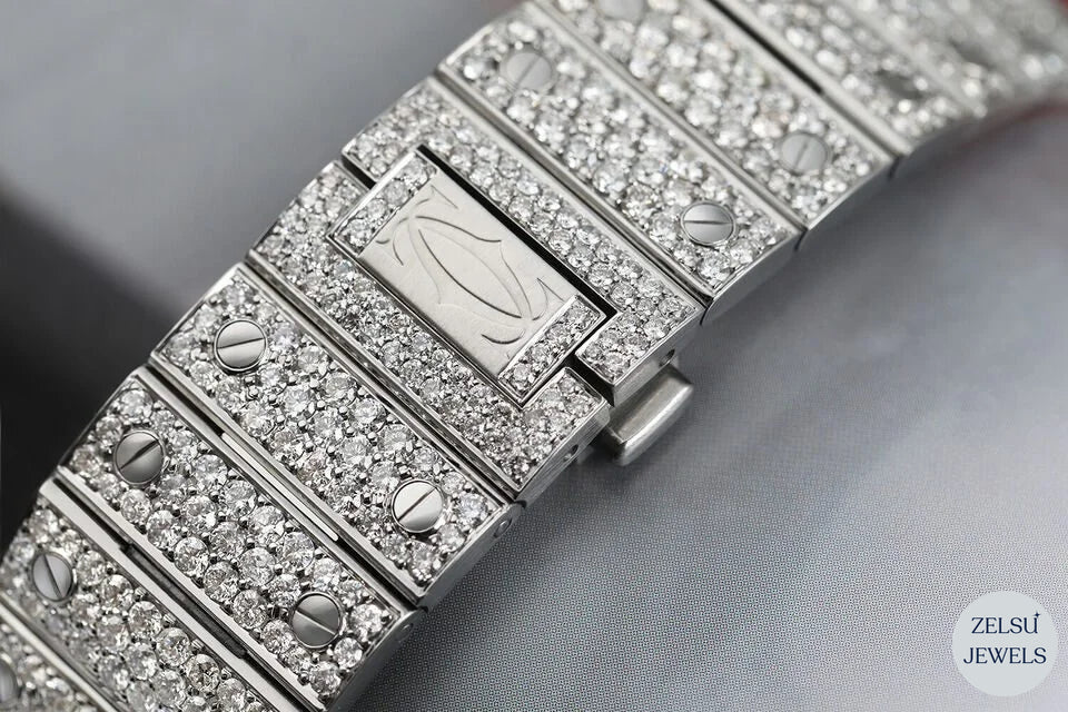 Bust-down diamond watch with a striking blue diamond crown bezel, ideal for fashion-forward luxury lovers.