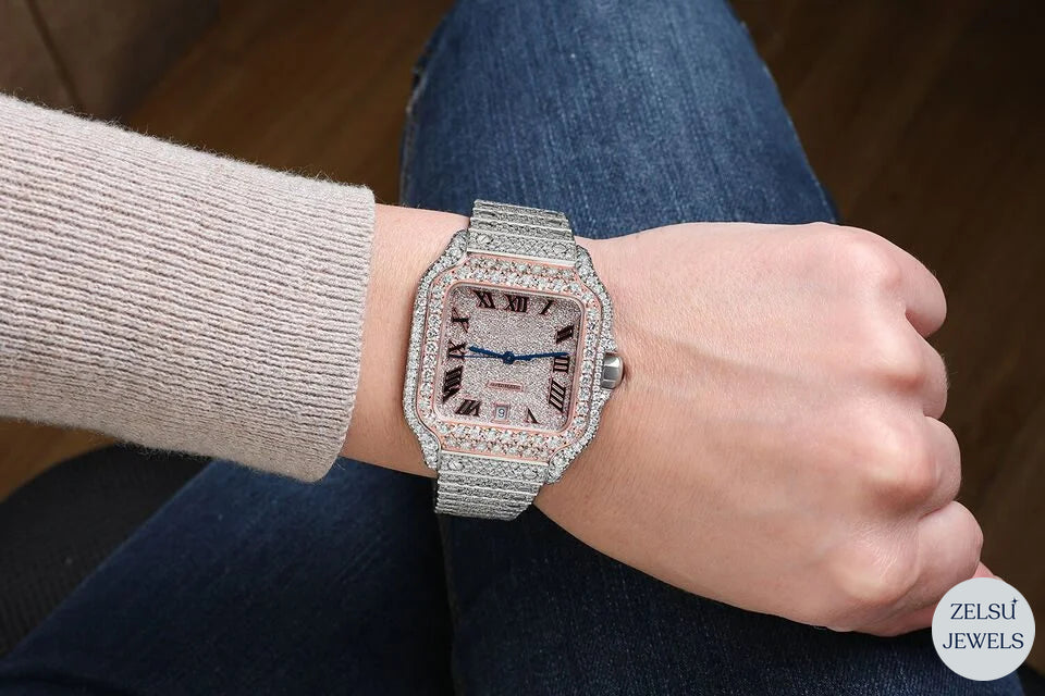 Luxury bust-down diamond watch with a blue diamond crown bezel, combining modern brilliance with classic style.
