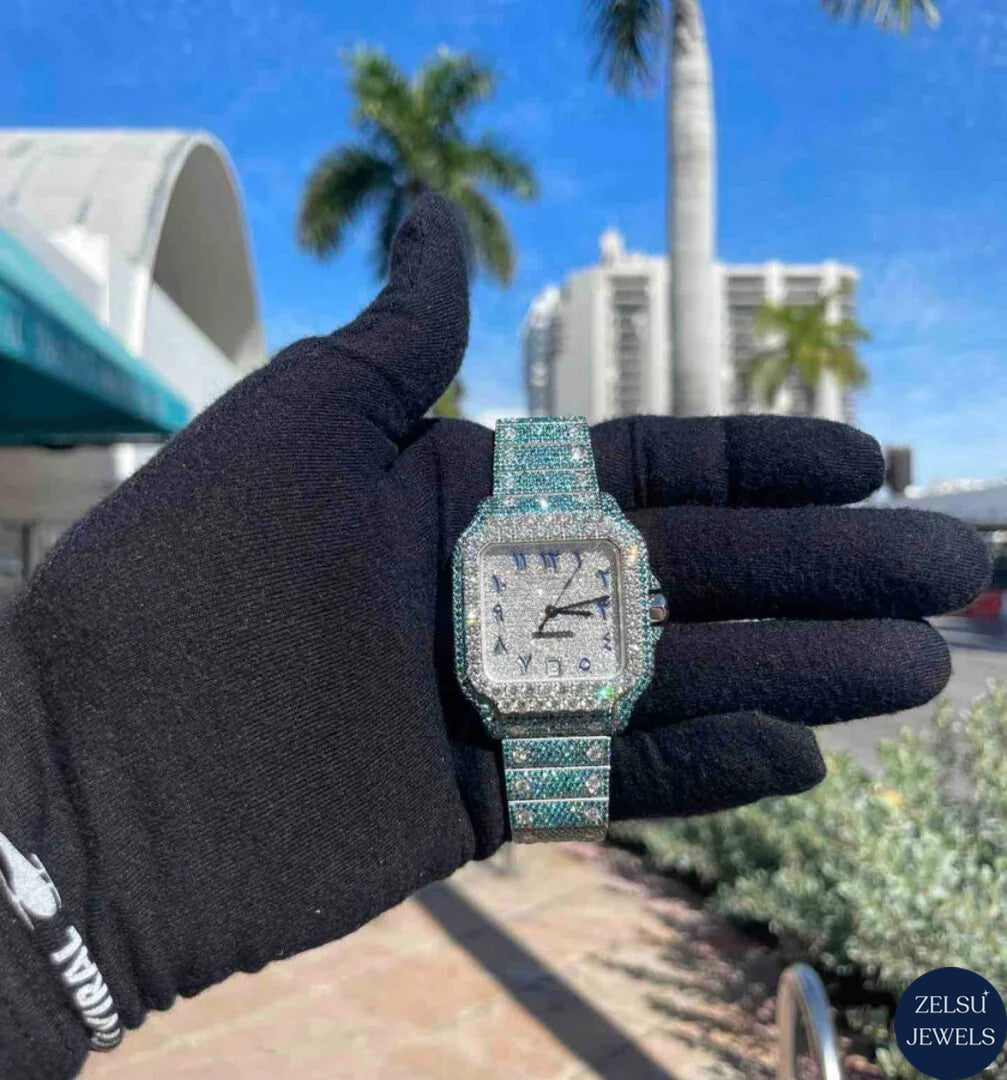 Luxury green diamond moissanite watch with a bold, hip-hop inspired design, offering a unique and luxurious style.