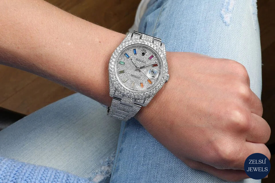 Rolex wrist watch with a brilliant color diamond dial, offering both high-end craftsmanship and stunning aesthetics.