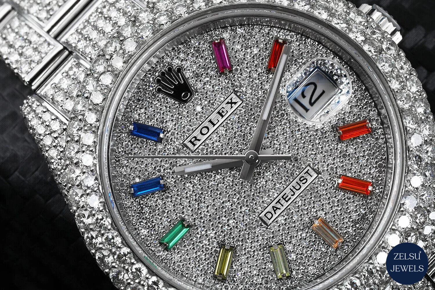 Elegant Rolex wristwatch with a vibrant color diamond dial, offering both luxury and stunning style.
