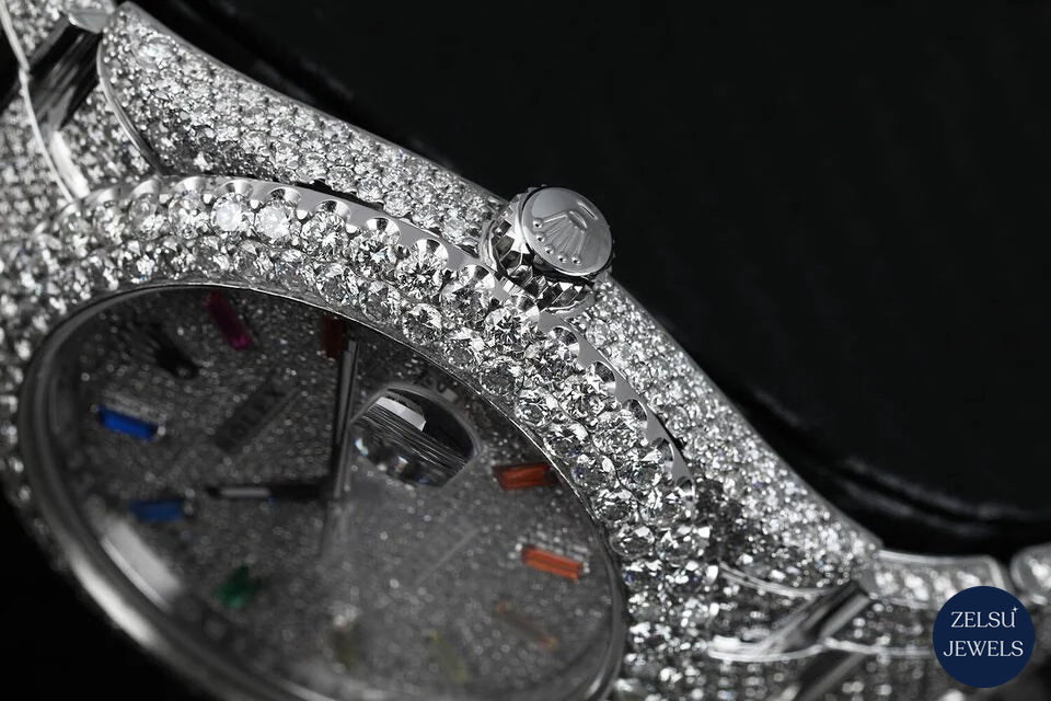 Rolex wristwatch with a radiant color diamond dial, offering unparalleled craftsmanship and luxury.