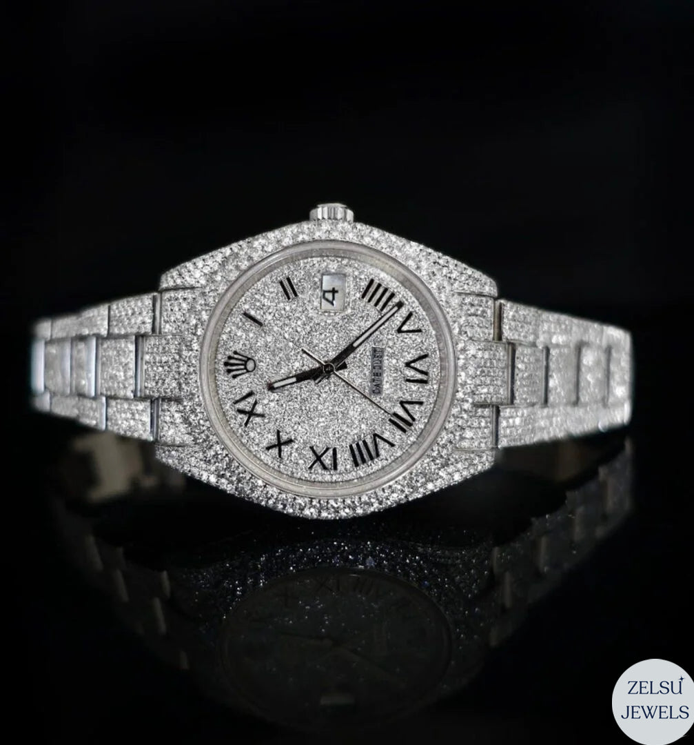 Timeless Rolex moissanite silver diamond watch, featuring radiant diamonds and the precision of Swiss engineering.