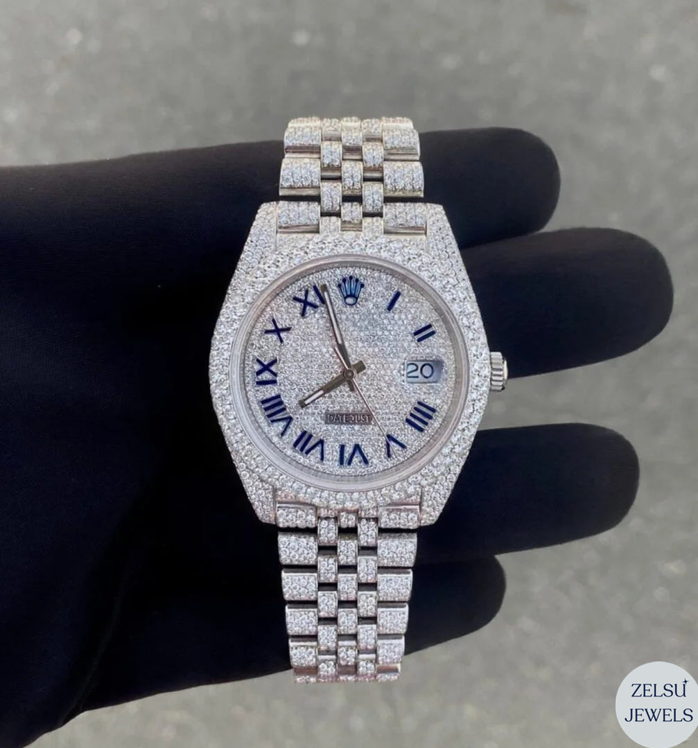 Exquisite Rolex moissanite silver diamond watch, combining moissanite diamonds with timeless Rolex precision.