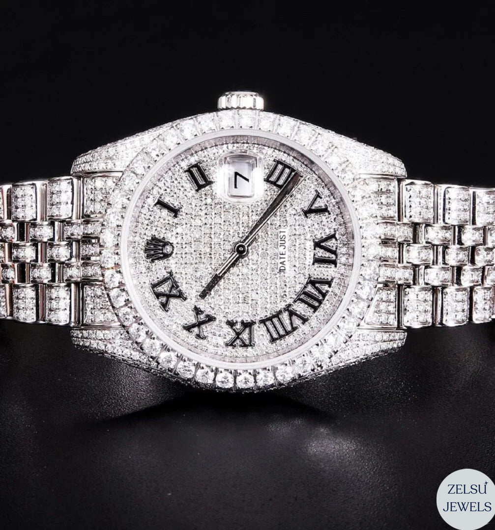Luxury Rolex moissanite silver diamond watch, offering flawless diamonds and a refined silver design.