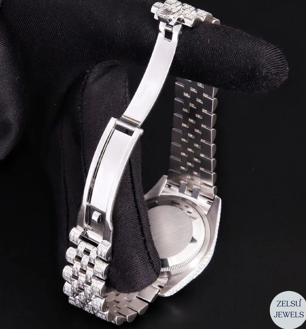 Sophisticated Rolex moissanite silver diamond watch, featuring brilliant diamonds and elegant Swiss design.