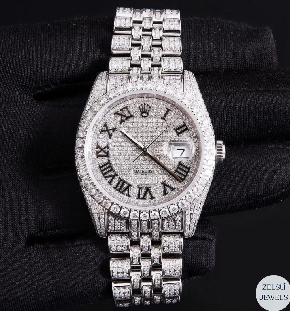 Rolex moissanite silver diamond watch, perfect for those seeking a luxurious timepiece with moissanite diamonds.
