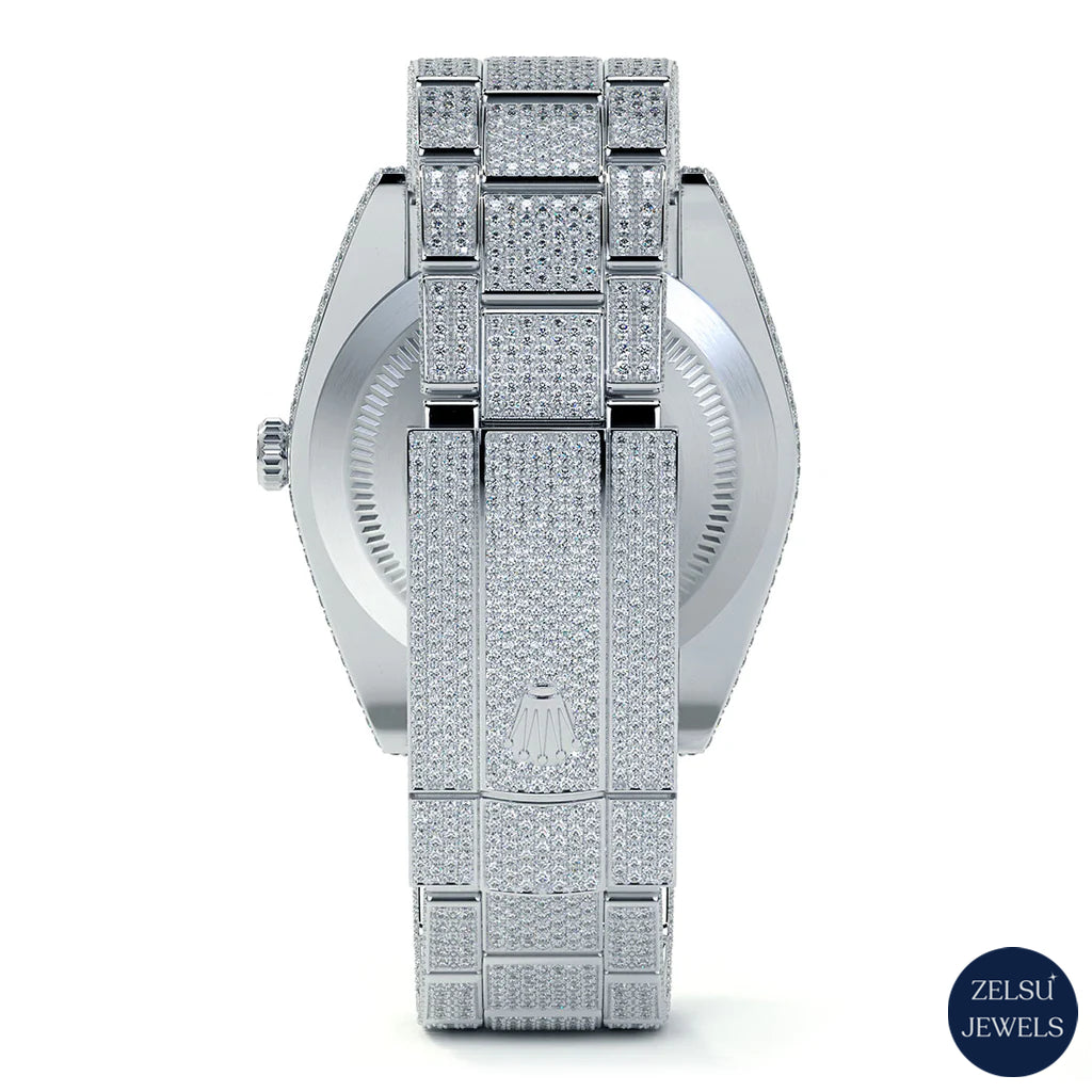 Exquisite Rolex moissanite silver diamond watch with a diamond-encrusted bezel, offering both elegance and luxury.