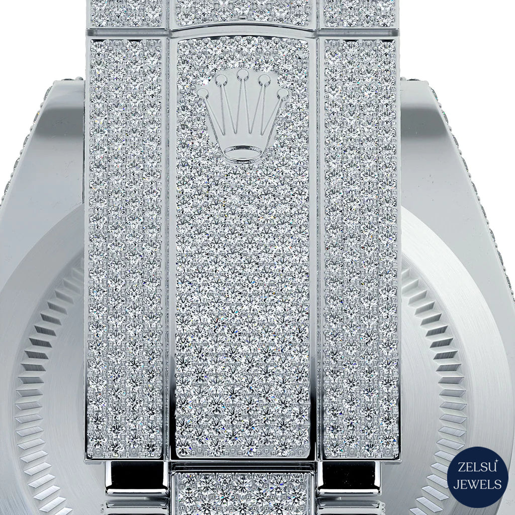 Sophisticated Rolex moissanite silver diamond watch, featuring radiant diamonds and expert Swiss engineering.