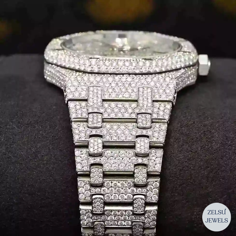 Exquisite moissanite silver diamond watch, featuring sparkling diamonds and a refined silver design.