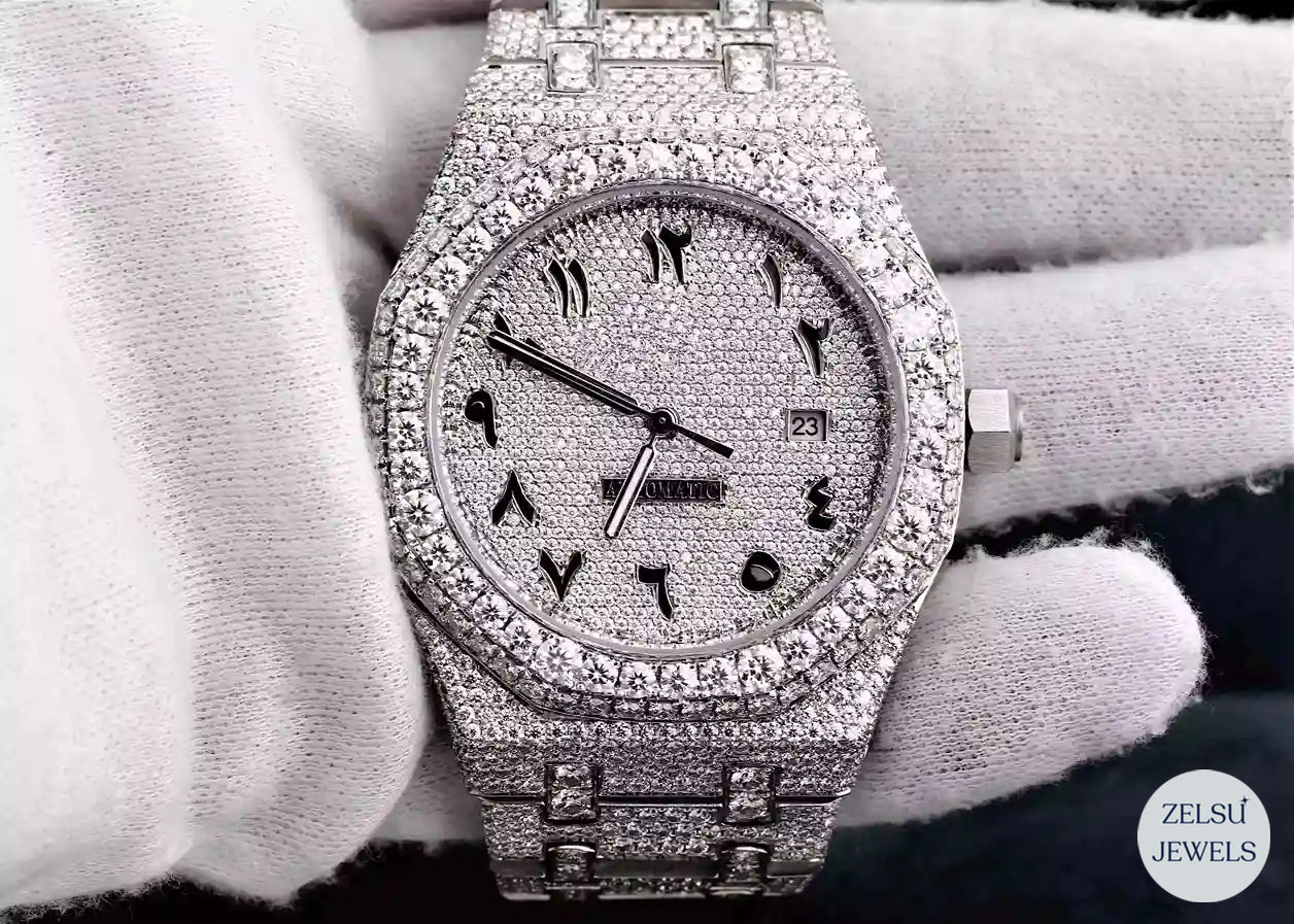 moissanite silver diamond watch, ideal for those seeking a luxury timepiece with elegant diamond detailing.