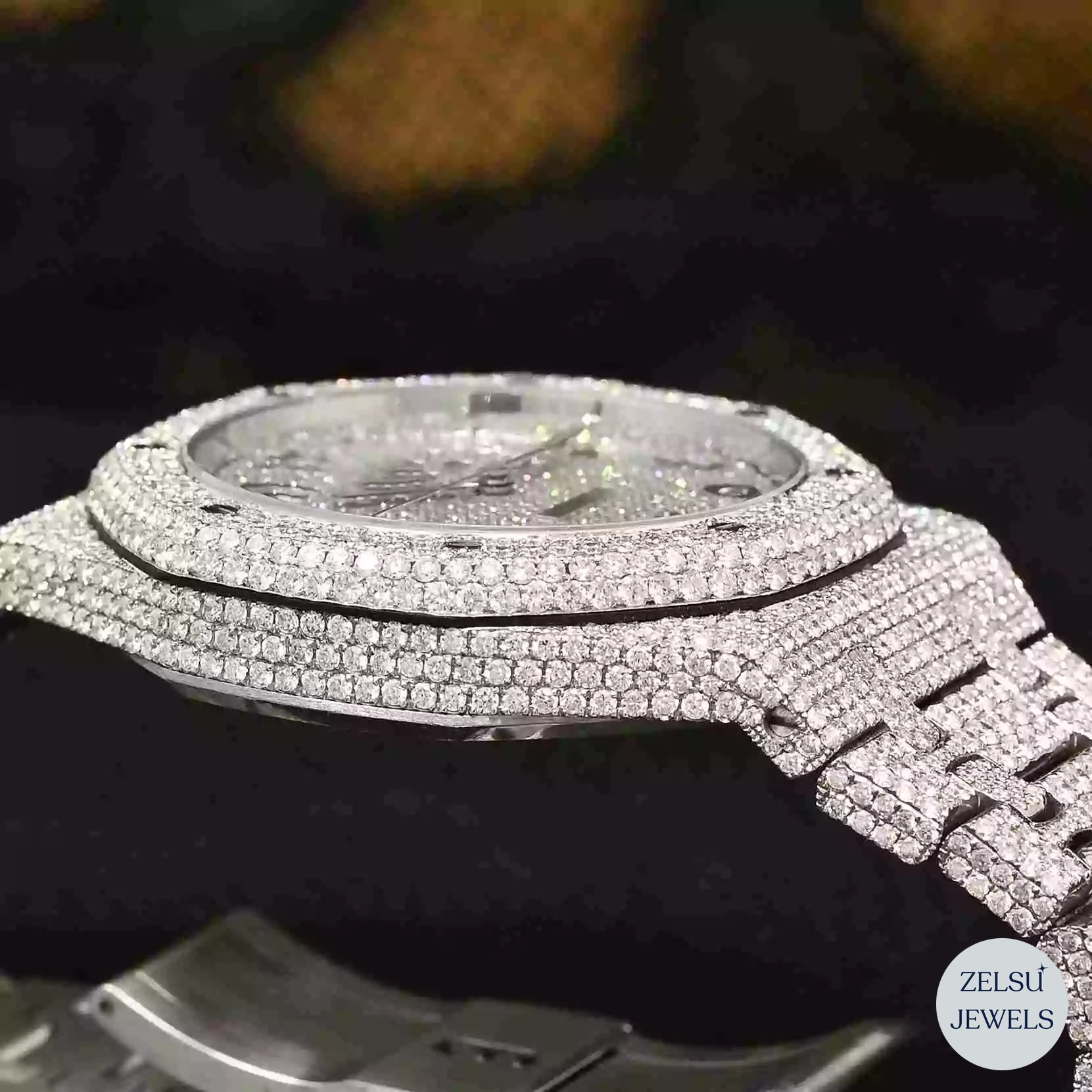 Elegant moissanite silver diamond watch with sparkling diamonds, perfect for high-end collectors.