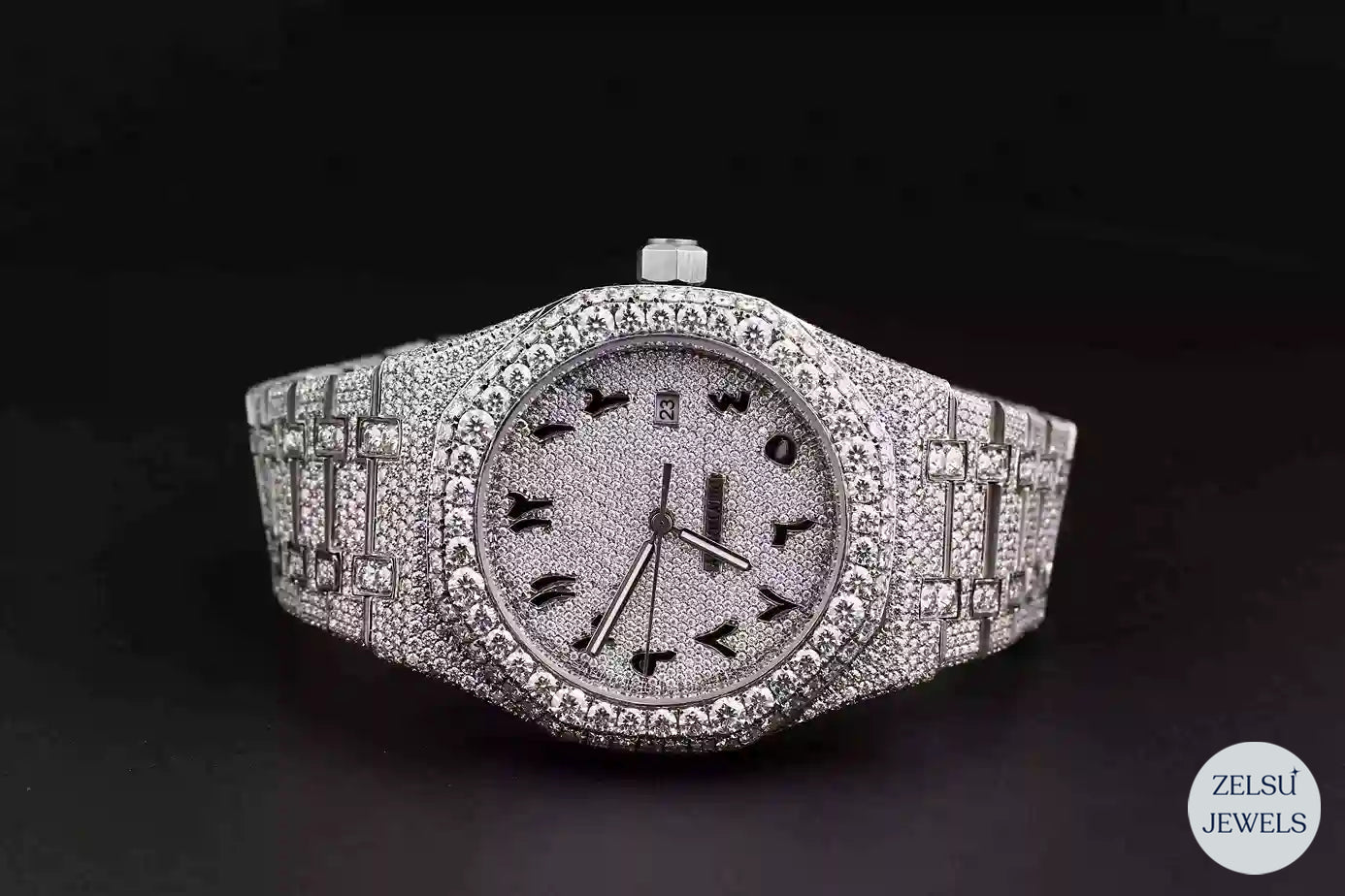 moissanite silver diamond watch with radiant diamonds, perfect for making a luxurious statement.