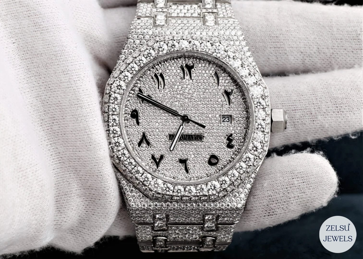 Radiant moissanite silver diamond watch, featuring a classic silver design adorned with sparkling diamonds.