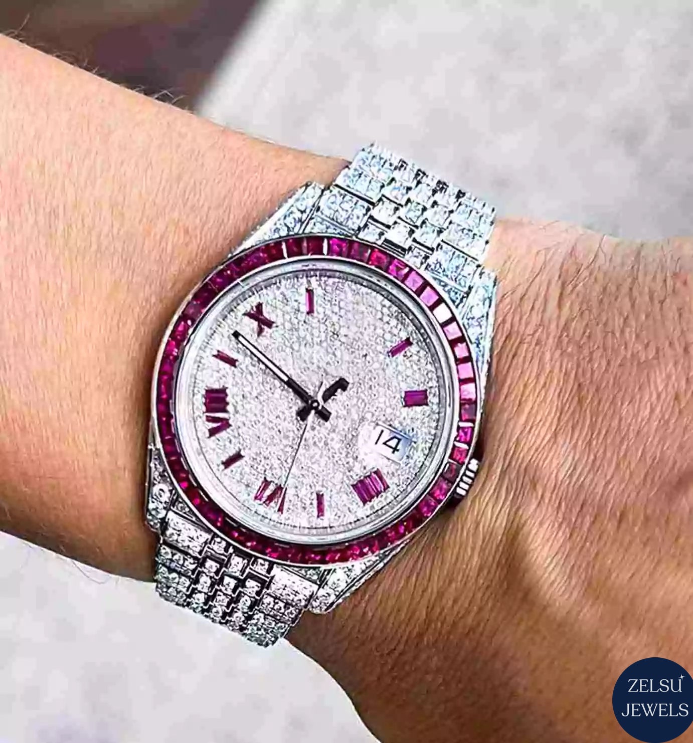 Exquisite silver bust-down moissanite watch featuring a vibrant pink dial and bezel, perfect for fashion-forward individuals.