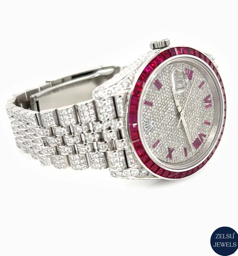 Sophisticated silver bust-down moissanite watch with a bold pink dial and bezel, ideal for a luxurious and unique look.