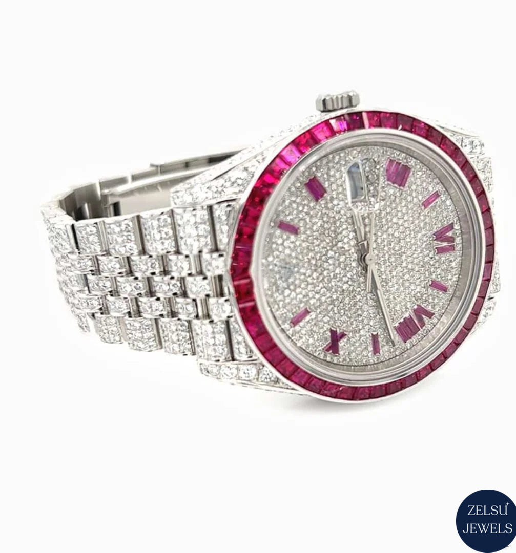 Silver bust-down moissanite watch with a striking pink dial and bezel, offering a perfect balance of luxury and style.