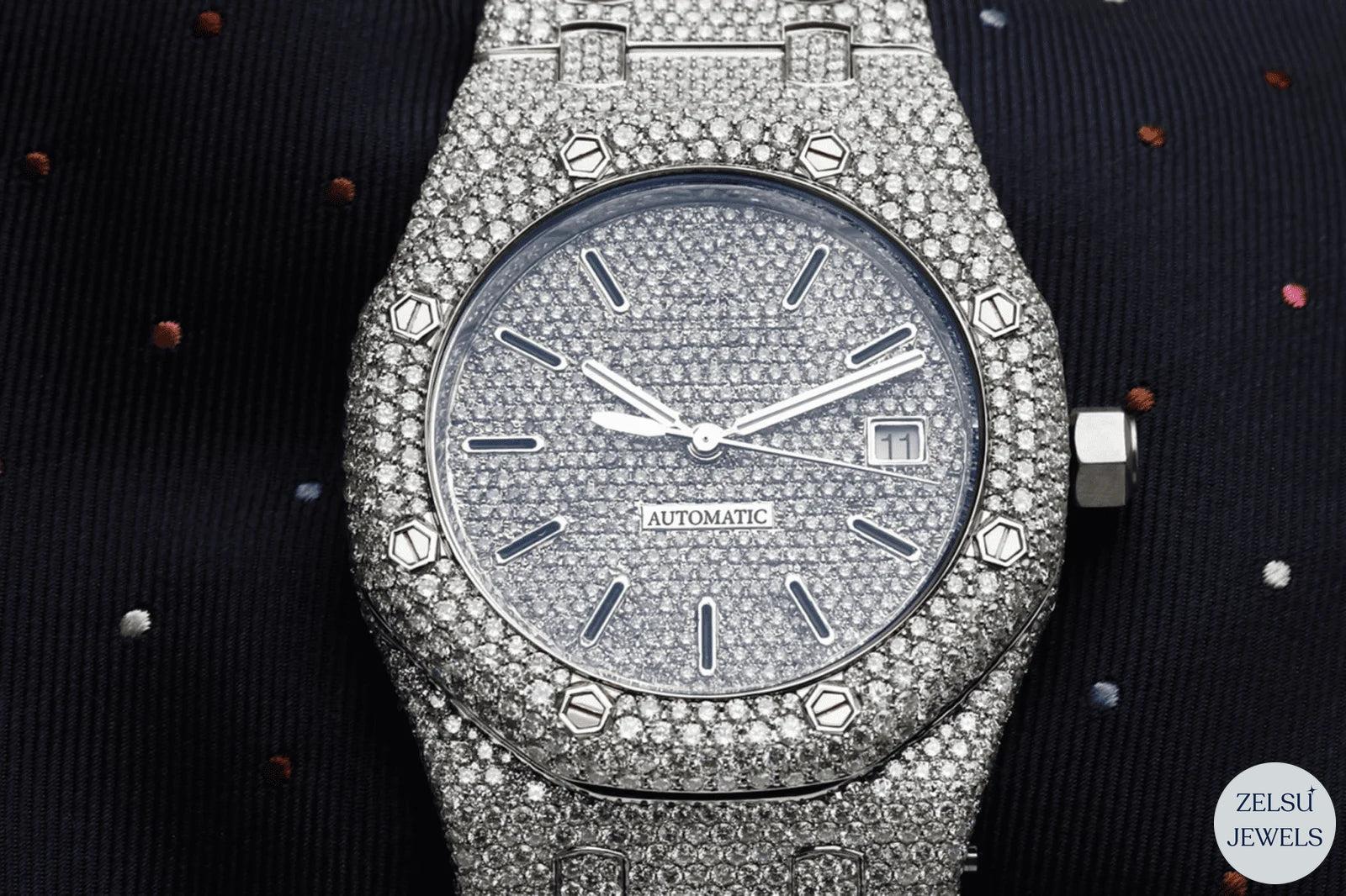 Luxury moissanite silver diamond watch with sparkling diamonds, perfect for those seeking a high-end accessory.