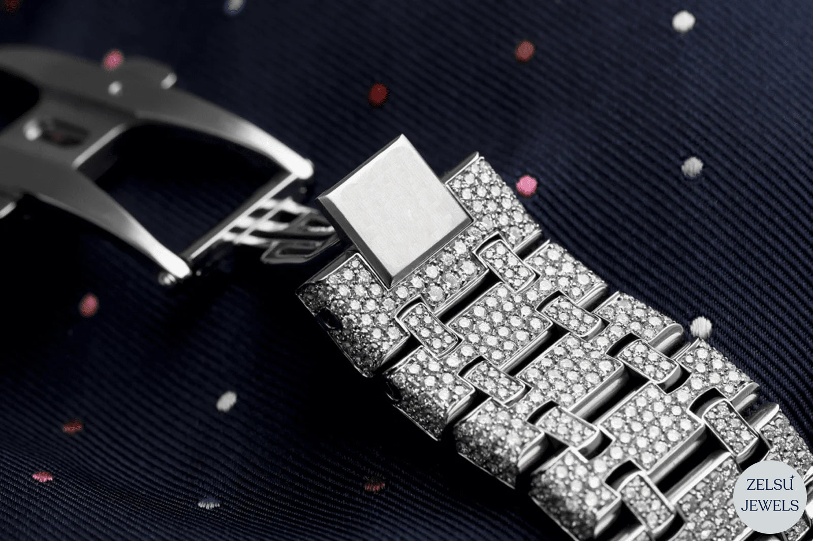 Elegant moissanite silver diamond watch, combining precision Swiss movement with luxurious diamond accents.