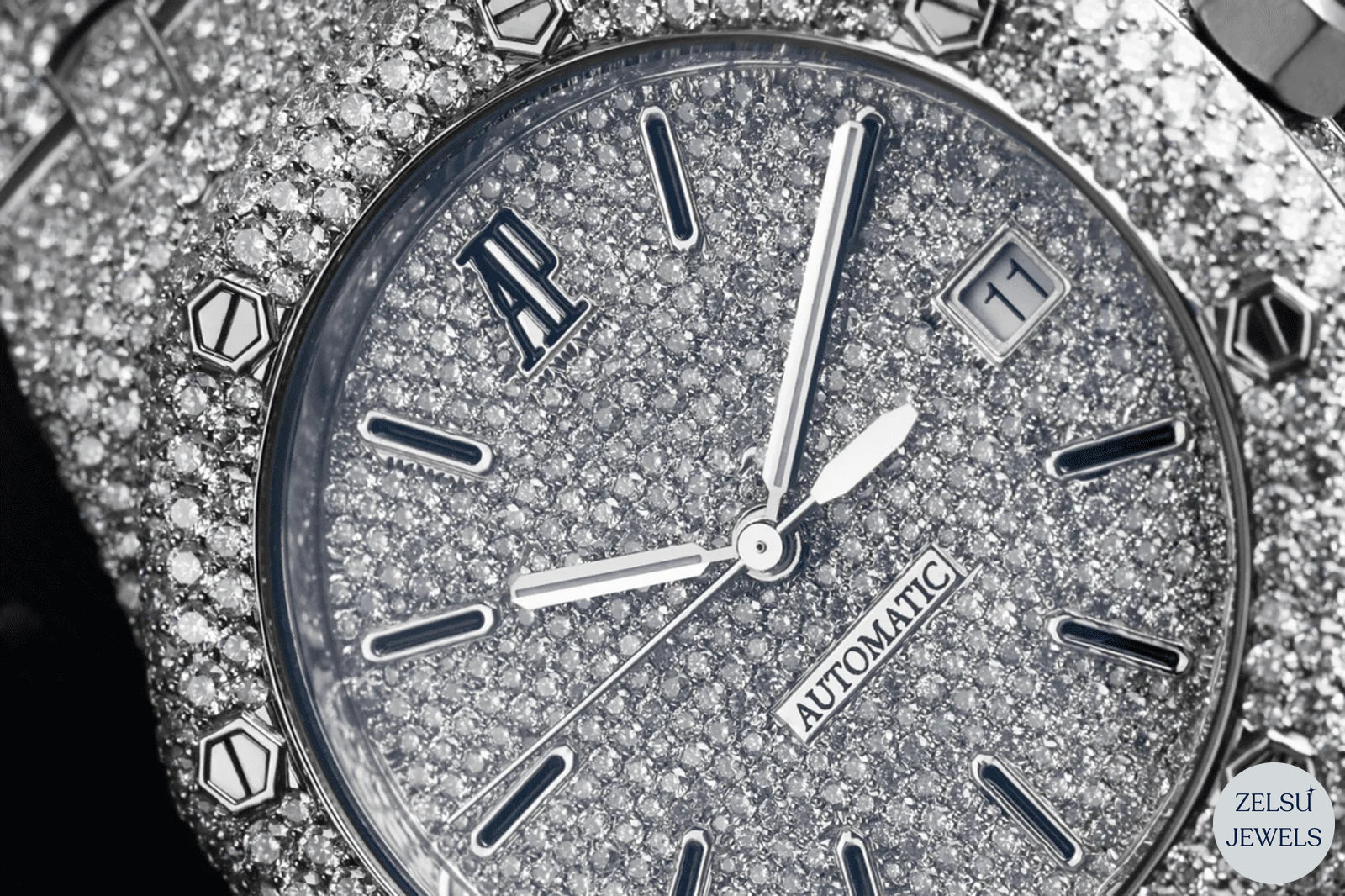 Exquisite moissanite silver diamond watch, offering a sophisticated and luxurious design with radiant diamonds.