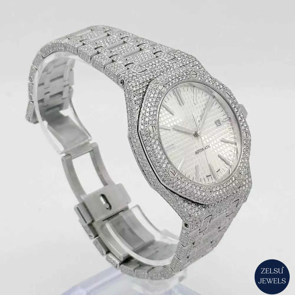 Exquisite silver bust-down moissanite watch with dazzling diamond detailing, perfect for luxury watch enthusiasts.