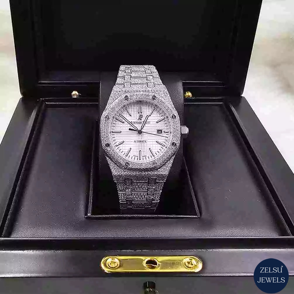 Sophisticated silver bust-down moissanite watch, featuring brilliant diamonds and refined craftsmanship for a luxurious design.