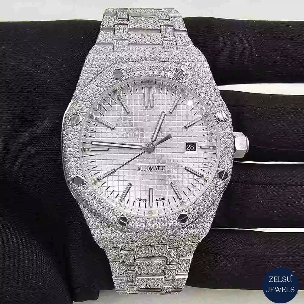 Elegant silver bust-down moissanite watch with sparkling diamonds, ideal for collectors seeking a bold and luxurious timepiece.