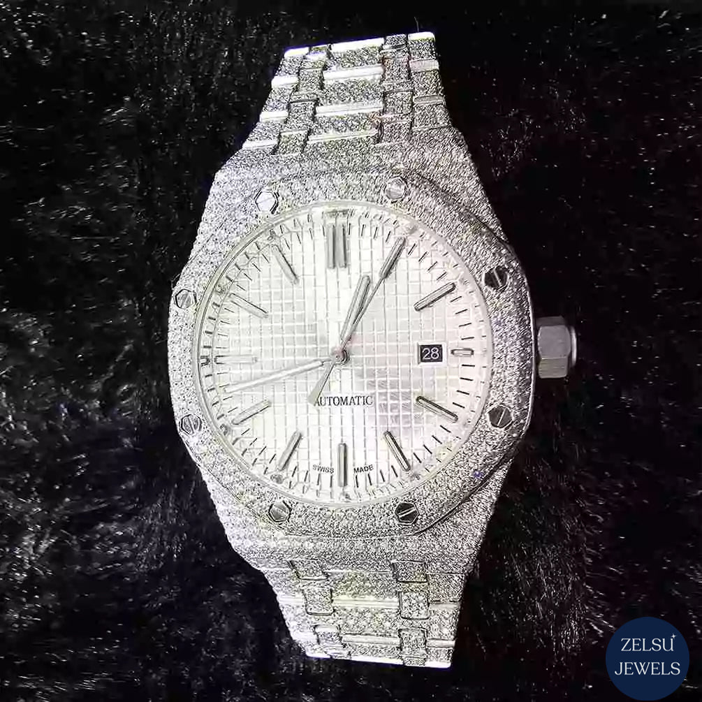 Radiant silver bust-down moissanite watch with stunning diamonds, perfect for making a luxury statement.