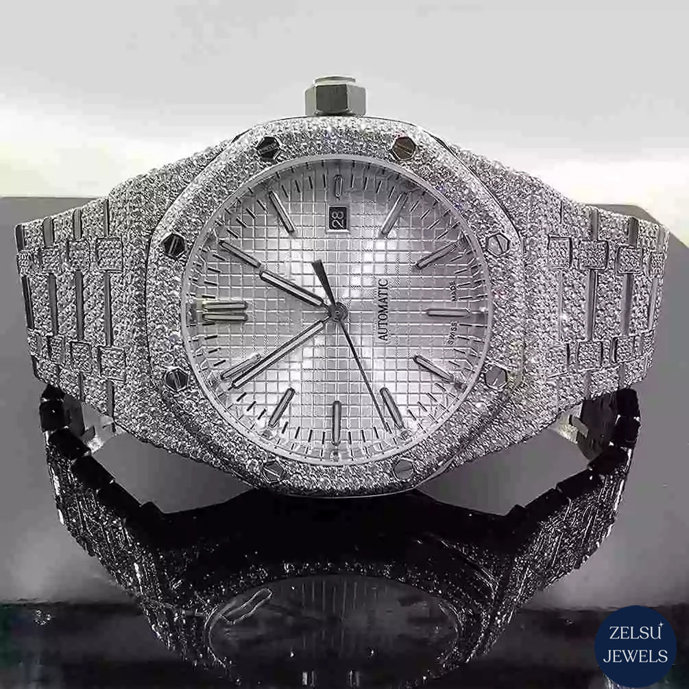 Silver bust-down moissanite watch with radiant diamonds, offering unmatched elegance and bold luxury.