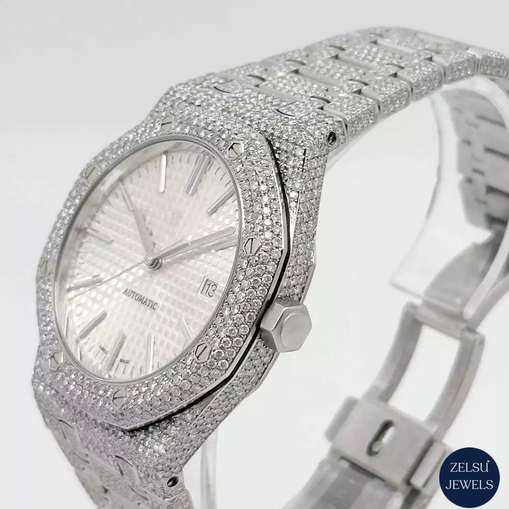 Exquisite silver bust-down moissanite watch, featuring sparkling diamonds for a striking and sophisticated appearance.
