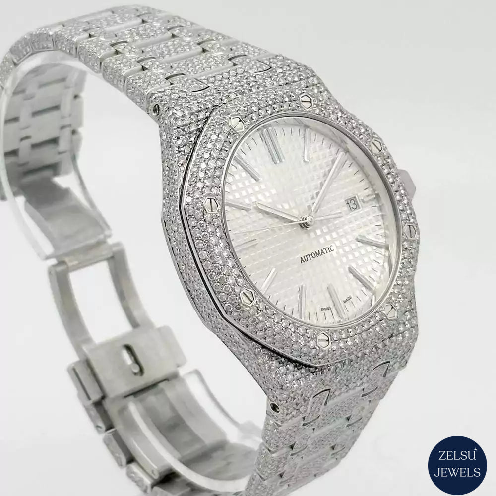 Silver bust-down moissanite watch with brilliant diamond accents, ideal for those seeking luxury and elegance.