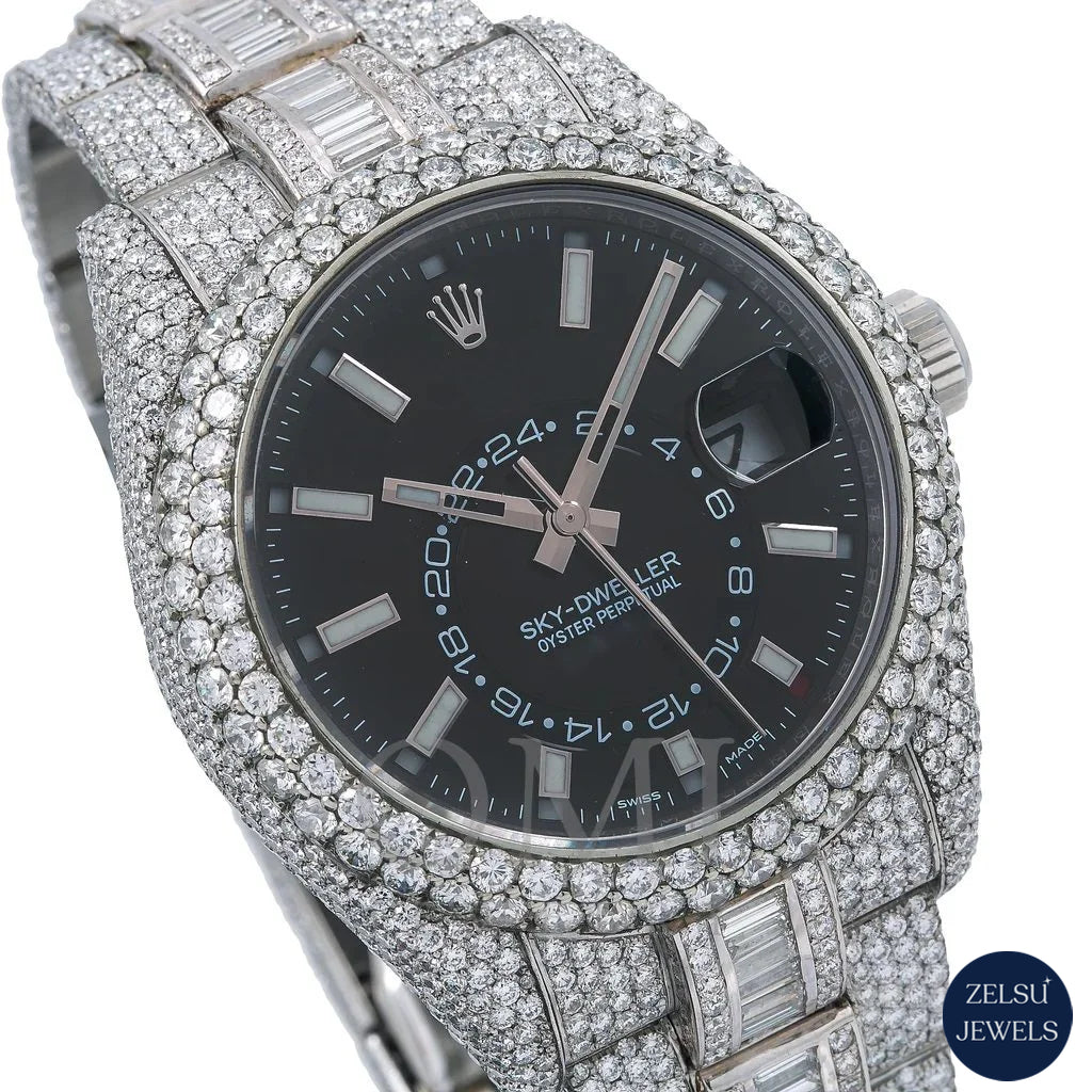 Exquisite silver moissanite watch featuring a black crystal dial, perfect for those who appreciate unique and sophisticated timepieces.