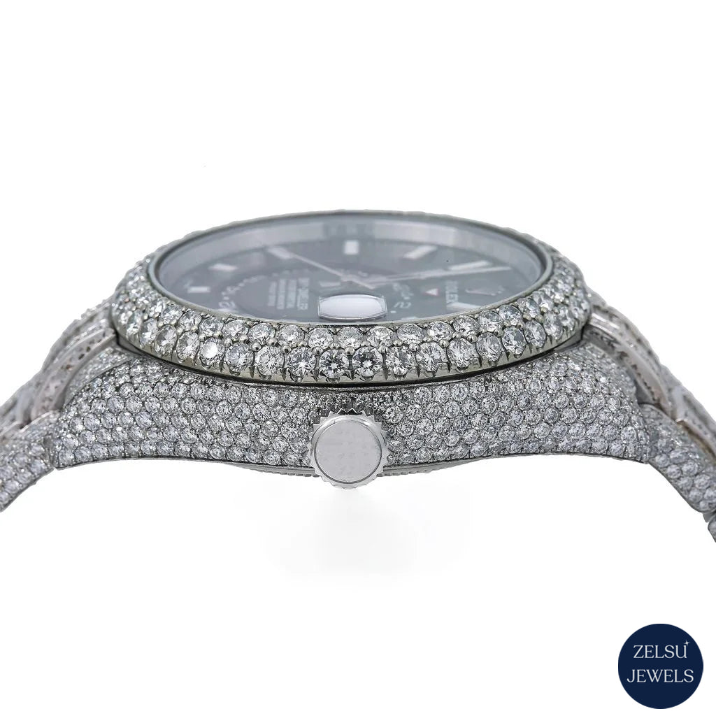 Sophisticated silver moissanite watch with black crystal dial, offering a sleek and stylish design.