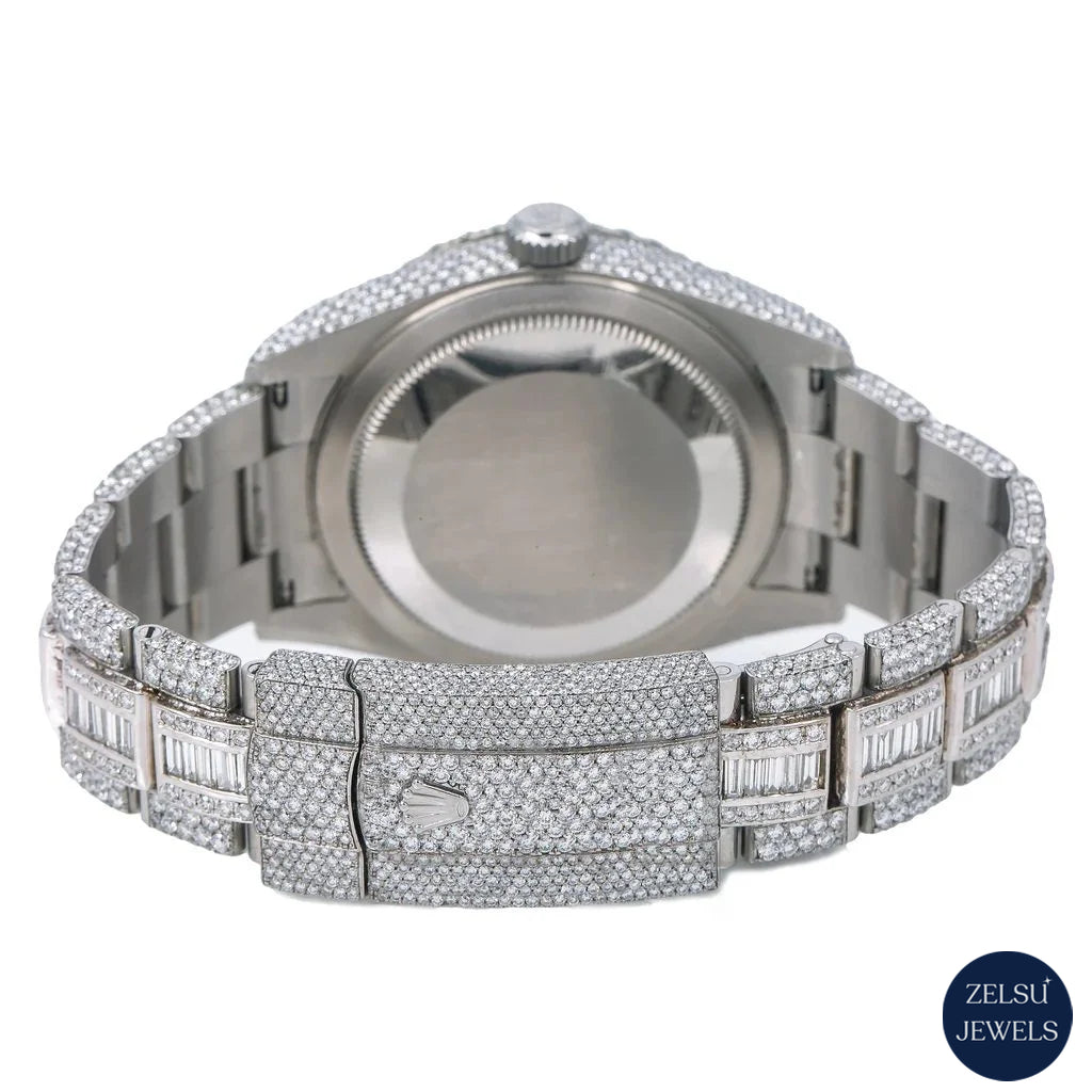Silver moissanite watch with black crystal dial, perfect for collectors who appreciate high-end craftsmanship and bold style.
