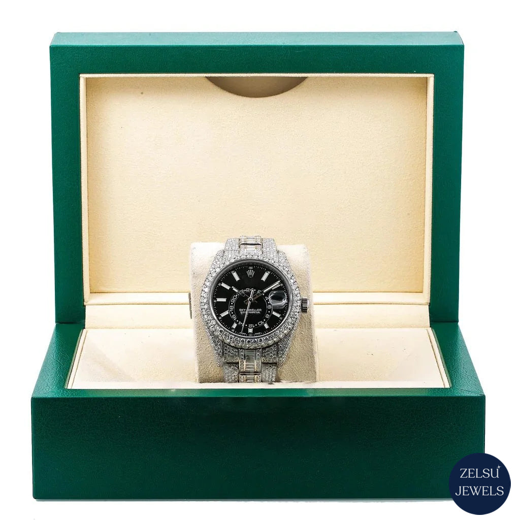 Elegant silver moissanite watch featuring a black crystal dial for a modern and luxurious appearance.