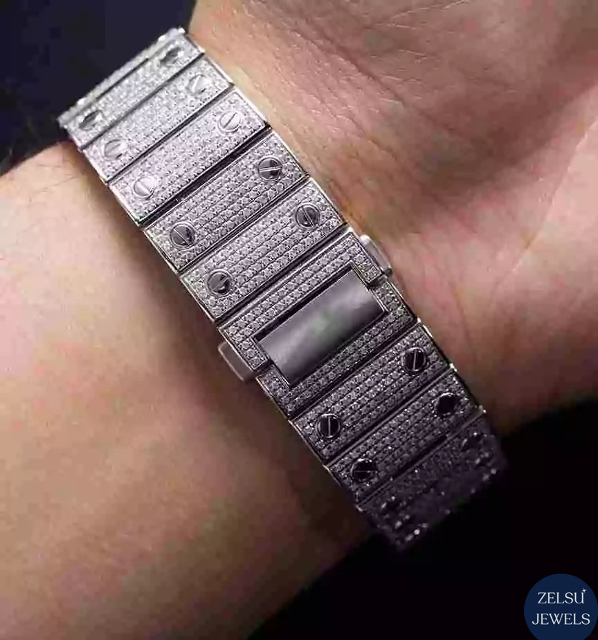 Exquisite bust-down Cartier moissanite diamond watch, combining luxury with sparkling diamonds for a sophisticated look.