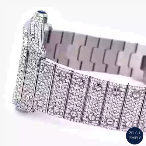 Sophisticated bust-down Cartier moissanite diamond watch, offering both radiant diamonds and elegant Swiss design.