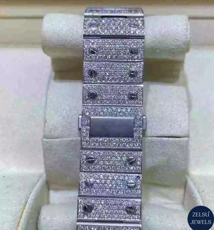 Elegant bust-down Cartier moissanite diamond watch, featuring radiant diamonds for a luxurious and timeless accessory.