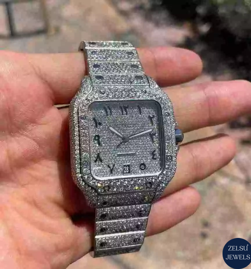 Luxurious bust-down Cartier moissanite diamond watch, showcasing dazzling diamonds and the precision of Swiss craftsmanship.