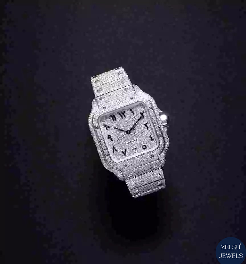 Cartier bust-down moissanite diamond watch, perfect for collectors who appreciate high-end luxury and diamond detailing.