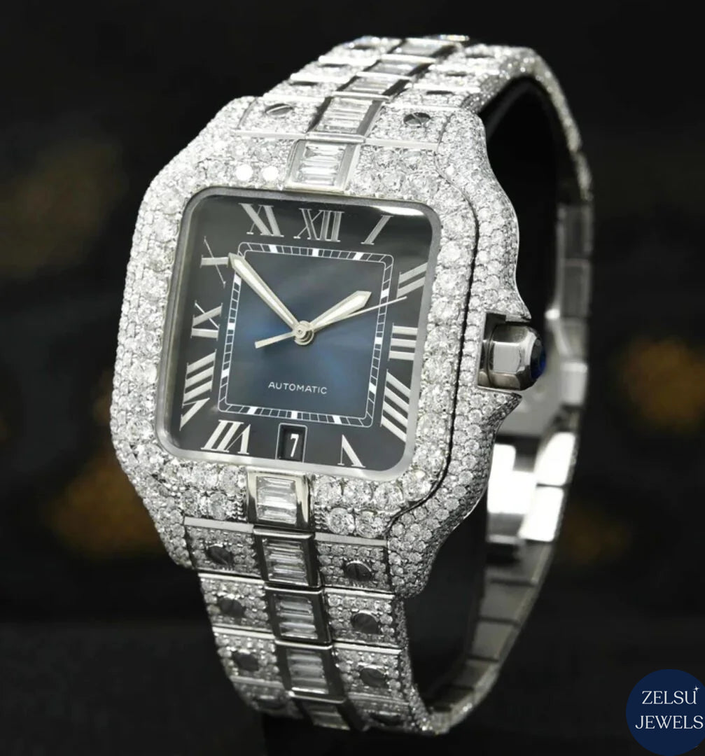 Elegant silver moissanite diamond watch featuring a vibrant blue crystal dial and radiant diamond accents.