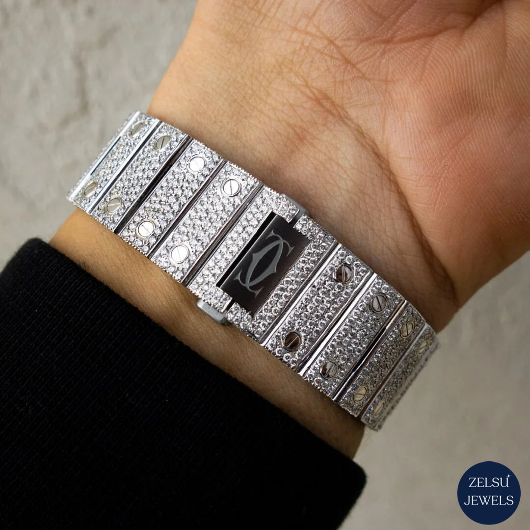 Luxurious silver moissanite diamond watch with a stunning blue crystal dial, combining vibrant color with classic design.