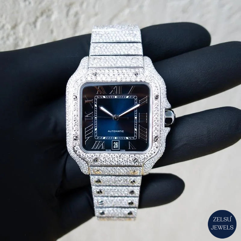 Sophisticated silver moissanite diamond watch with a striking blue crystal dial, perfect for making a bold luxury statement.